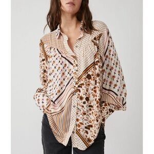 Free People Hazel Button Down Shirt Oversized Tea Combo Color Way Size Small